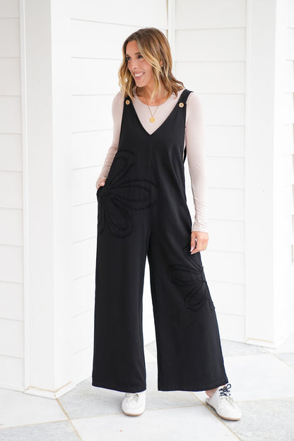 Solid Floral Patch Sleeveless V Neck Overalls