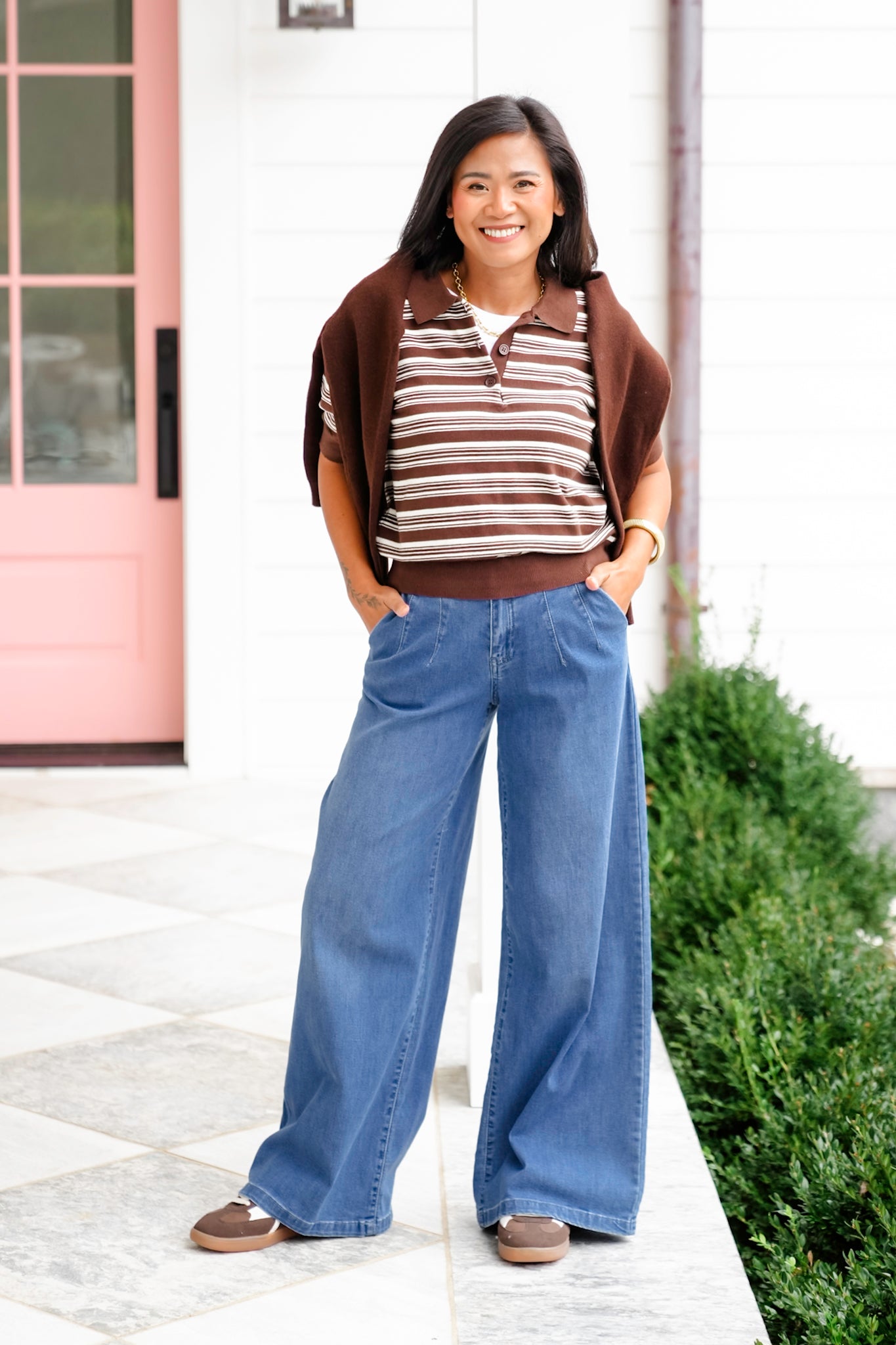 Striped Short Sleeve Button Up Top
