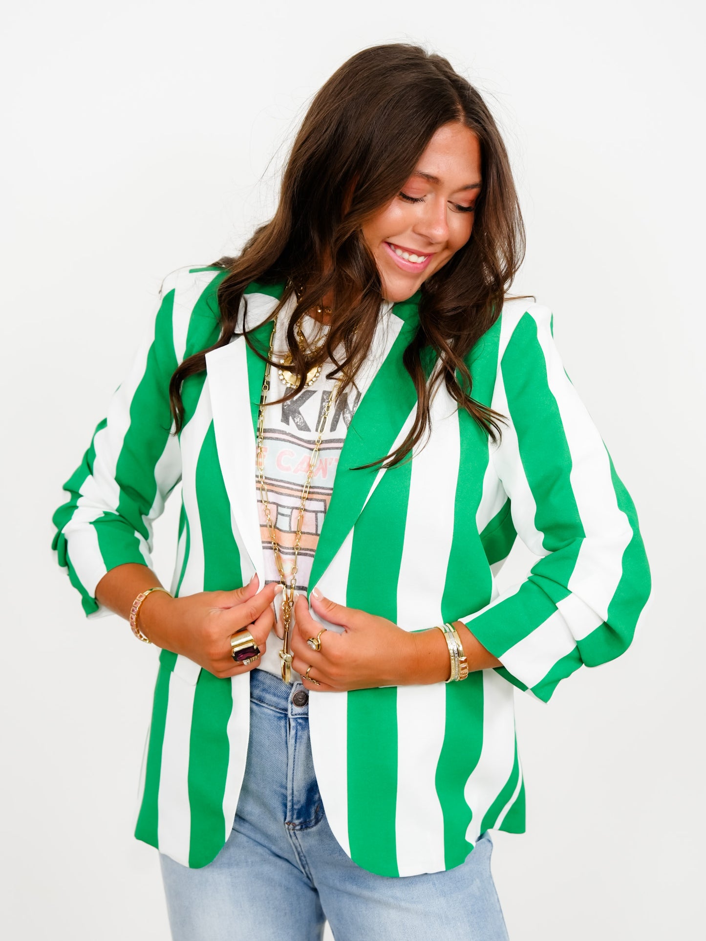 Plus/Reg Vertical Stripe Open Front Blazer