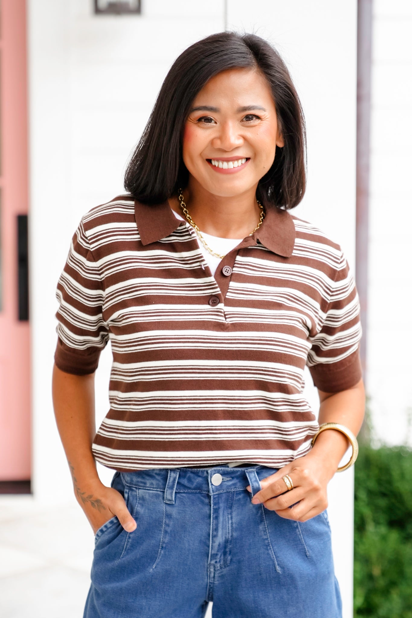 Striped Short Sleeve Button Up Top