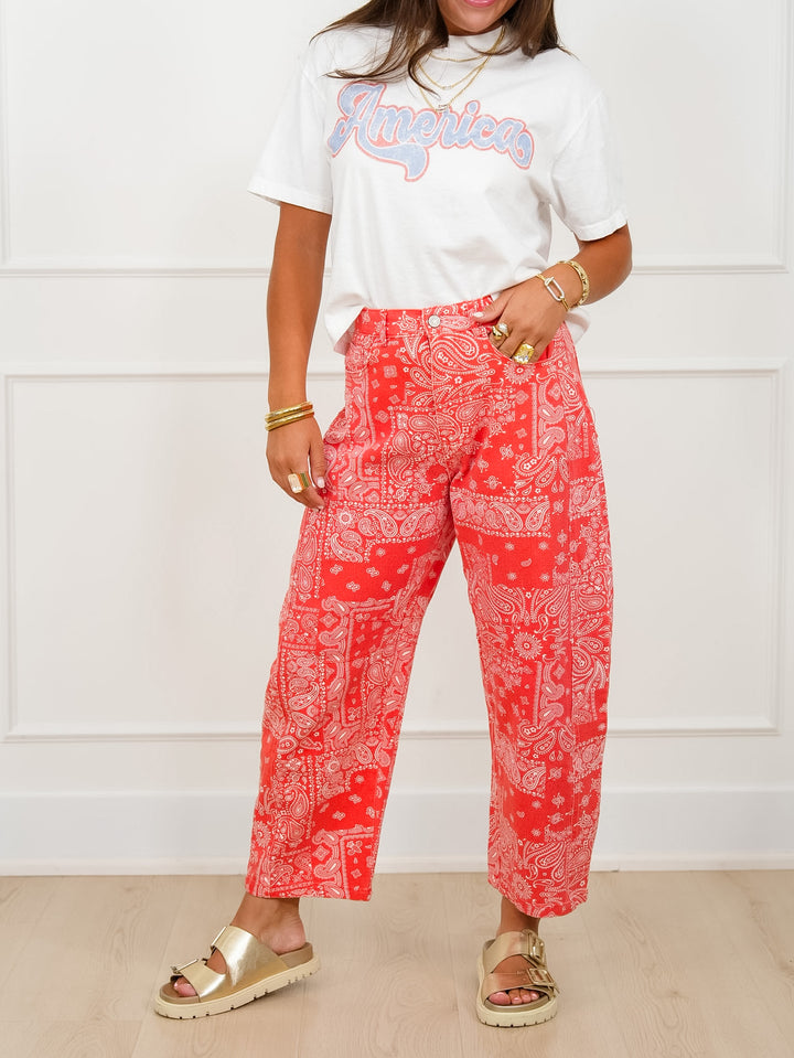 Plus/Reg Red Bandana Print Barrel Pants