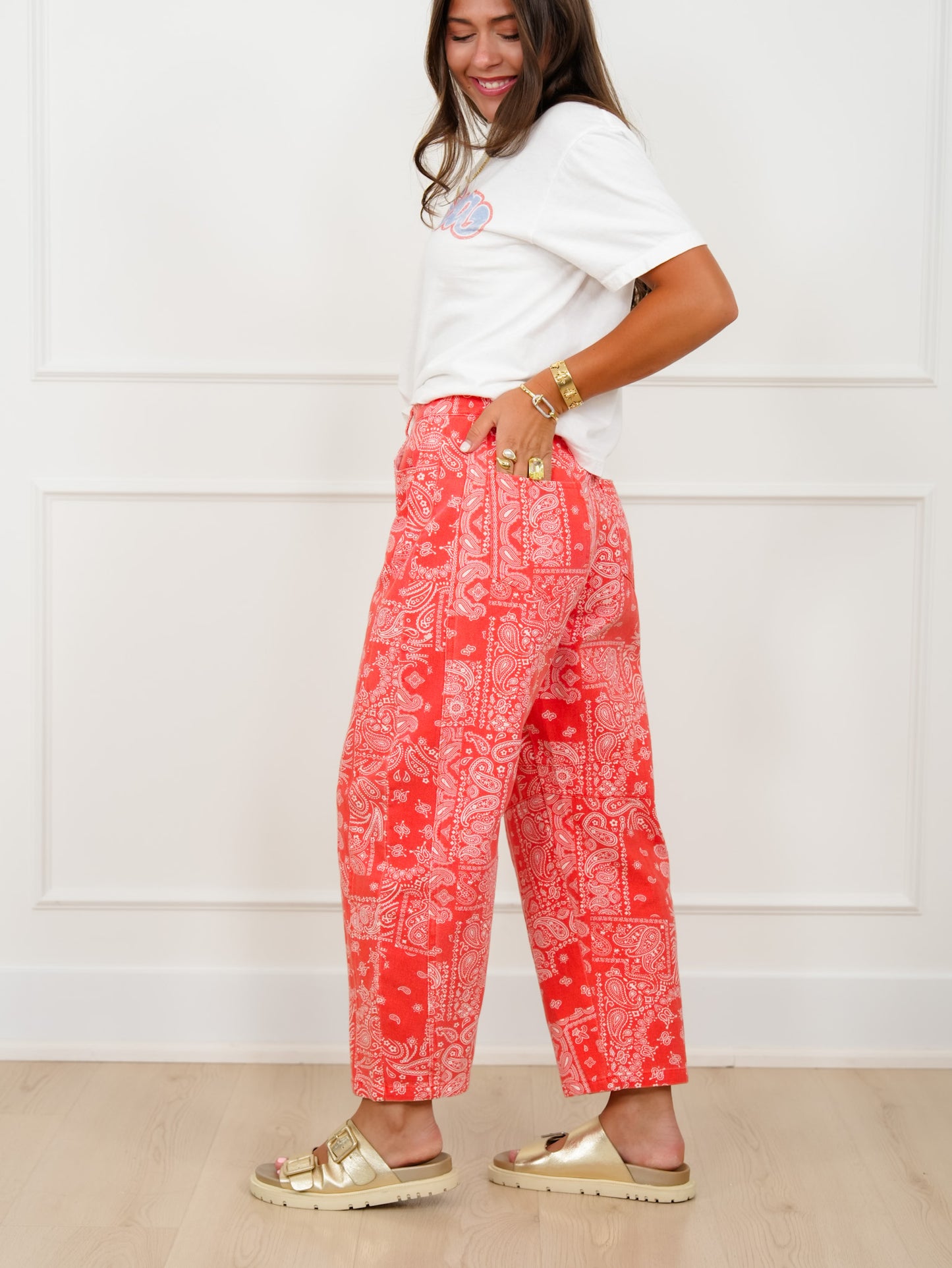 Plus/Reg Red Bandana Print Barrel Pants