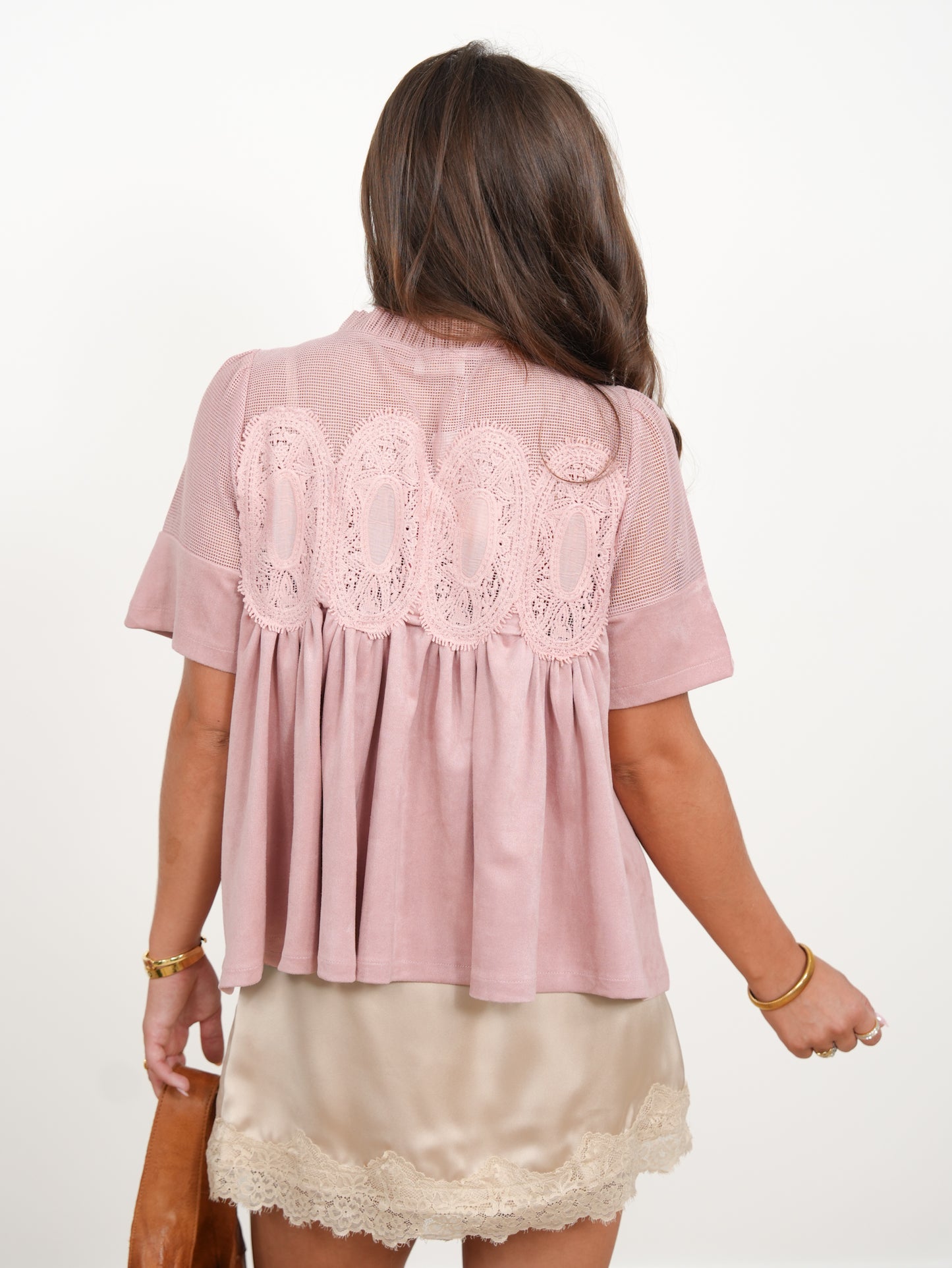 Vegan Suede and Mesh Short Sleeve Top with Lace Accent