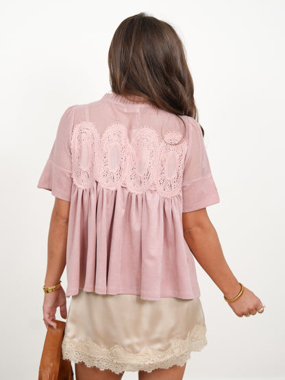 Vegan Suede and Mesh Short Sleeve Top with Lace Accent