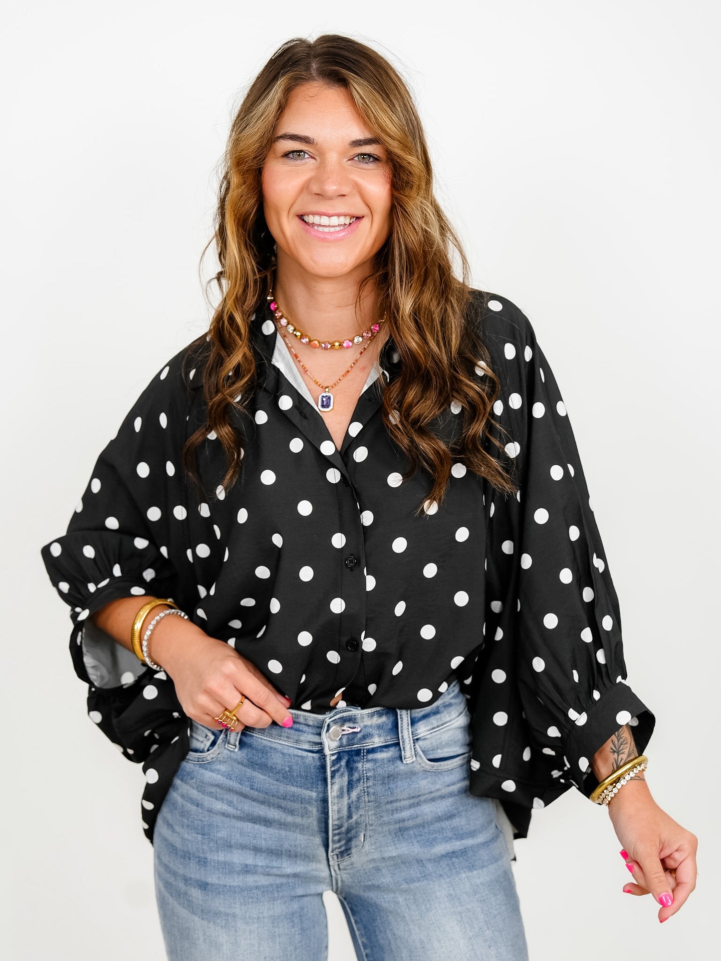 Black Polka Dot Dolman Sleeve Button Down Top