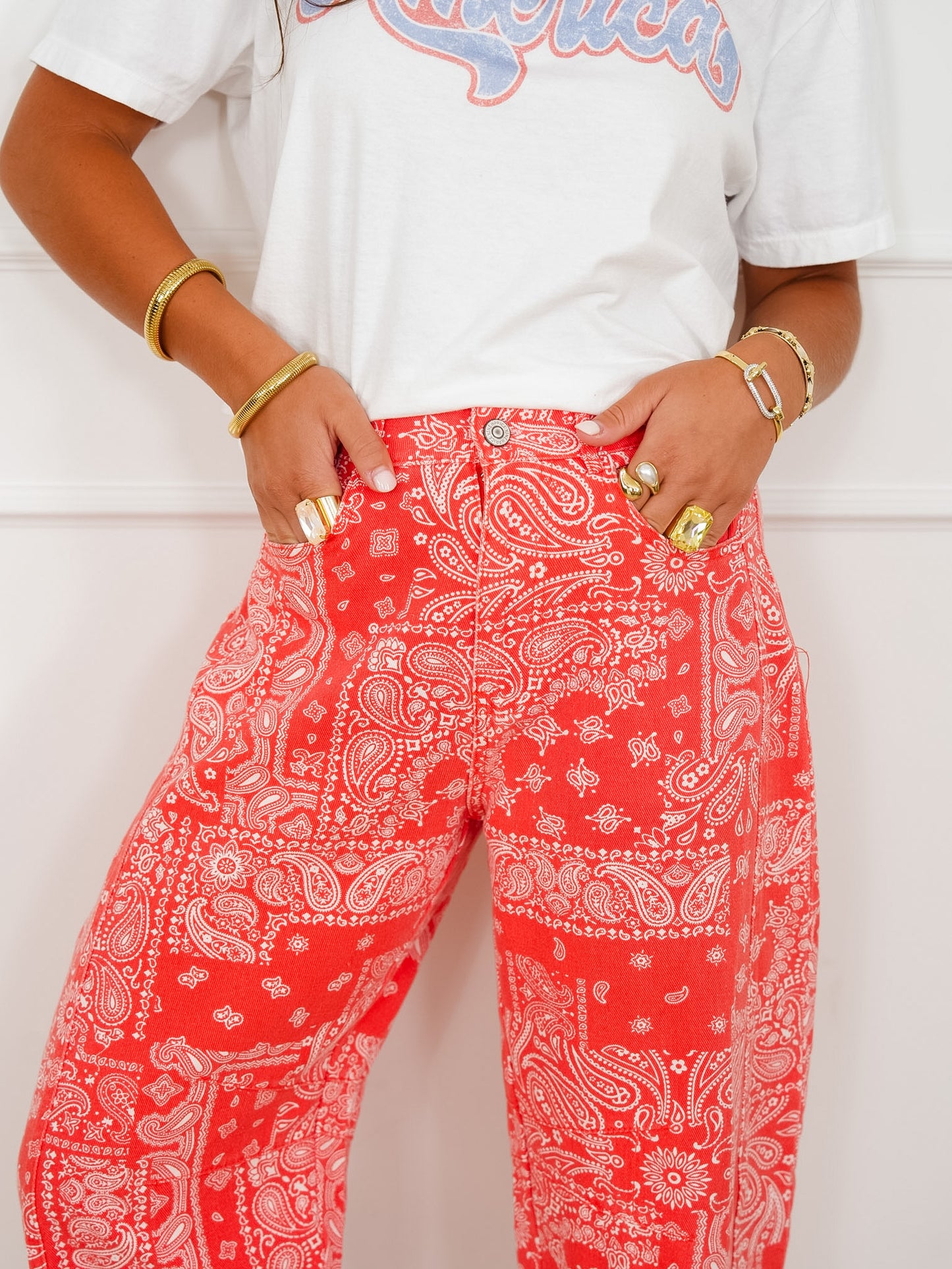 Plus/Reg Red Bandana Print Barrel Pants