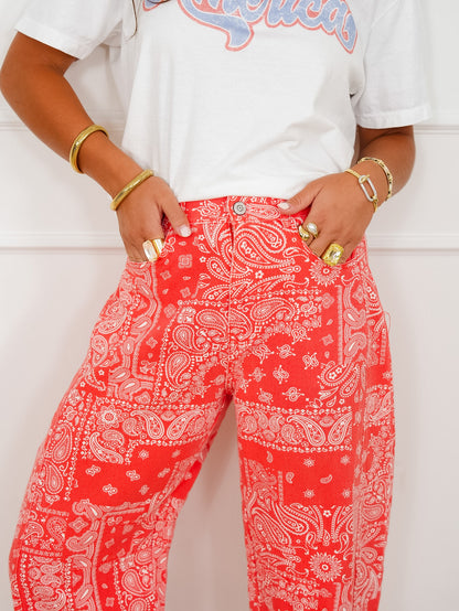 Plus/Reg Red Bandana Print Barrel Pants