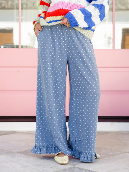 Plus/Reg Polka Dot Elastic Waist Pants with Ruffle Hem