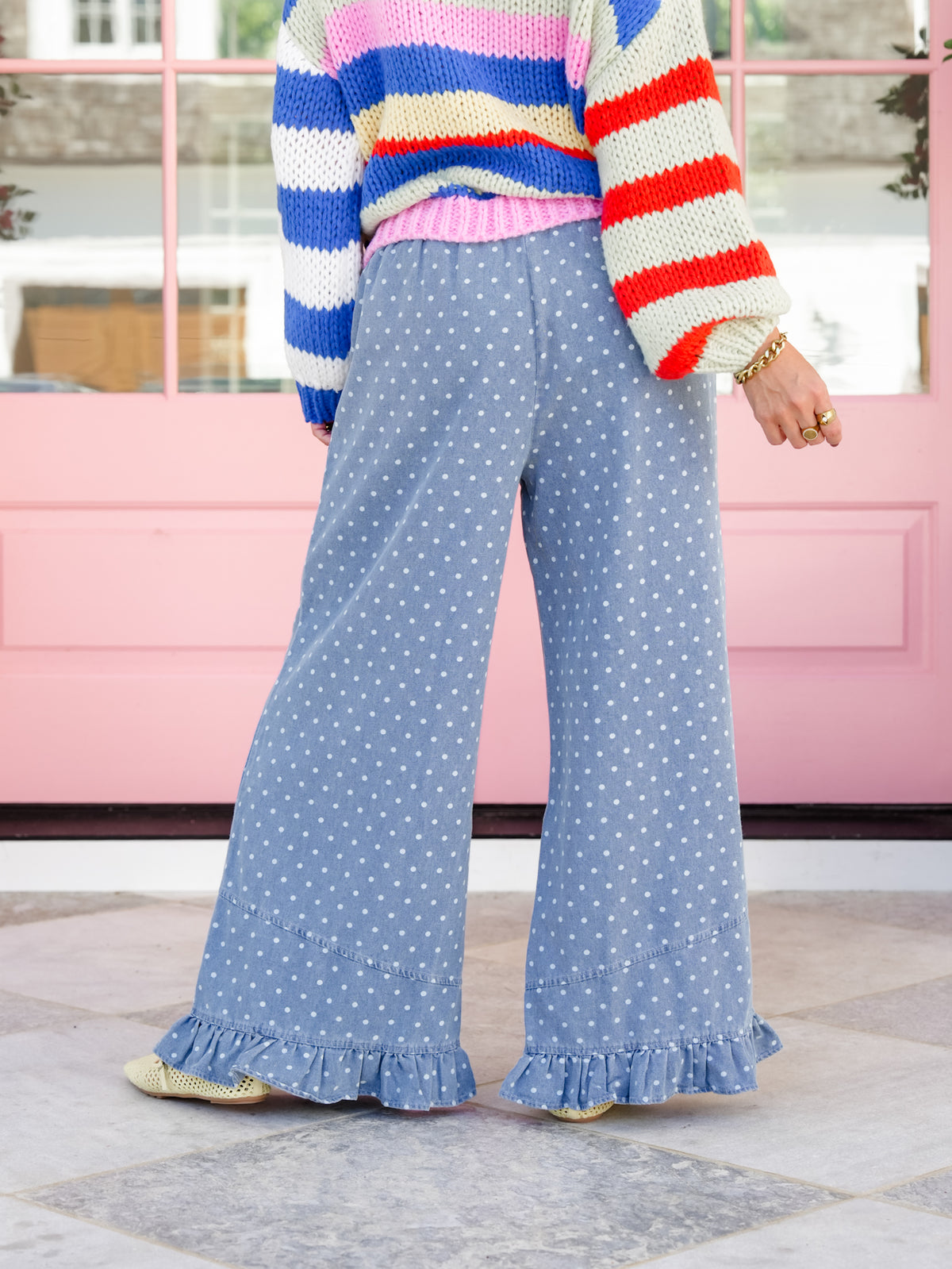 Plus/Reg Polka Dot Elastic Waist Pants with Ruffle Hem