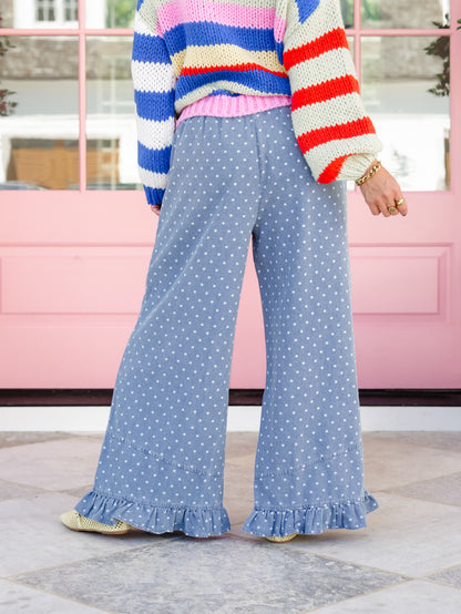 Plus/Reg Polka Dot Elastic Waist Pants with Ruffle Hem