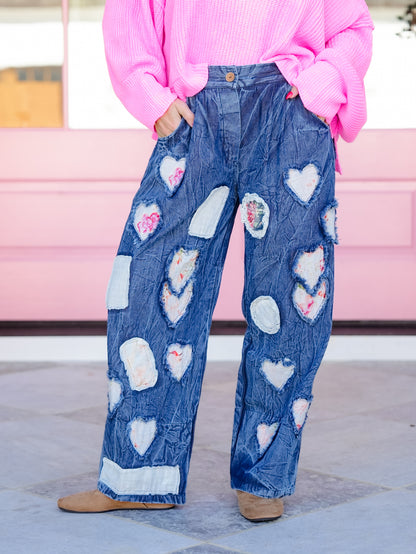 POL Heart Patchwork Elastic Waist Vintage Wash Pants