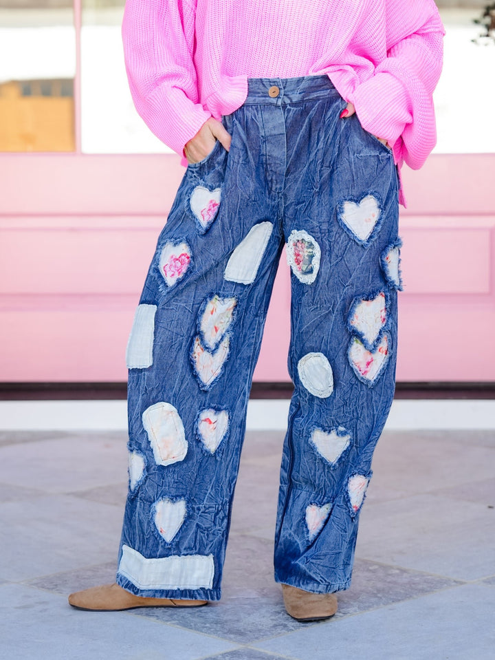 POL Heart Patchwork Elastic Waist Vintage Wash Pants - Freckled Poppy