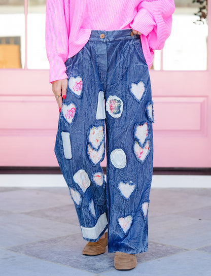 POL Heart Patchwork Elastic Waist Vintage Wash Pants