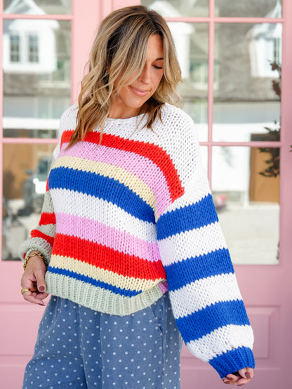 Knit Multi Color Stripe Long Sleeve Pullover Sweater
