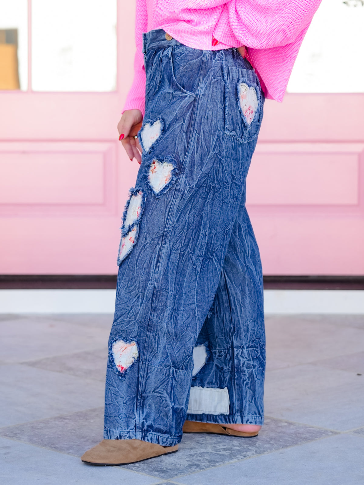 POL Heart Patchwork Elastic Waist Vintage Wash Pants