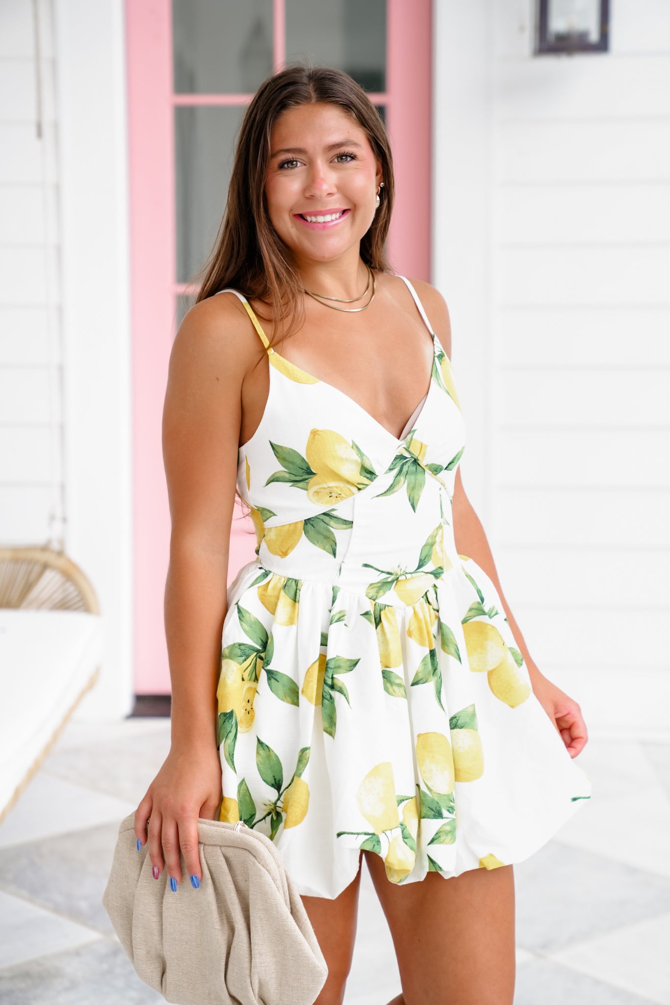 Lemon Print Sleeveless V-Neck Bubble Mini Dress