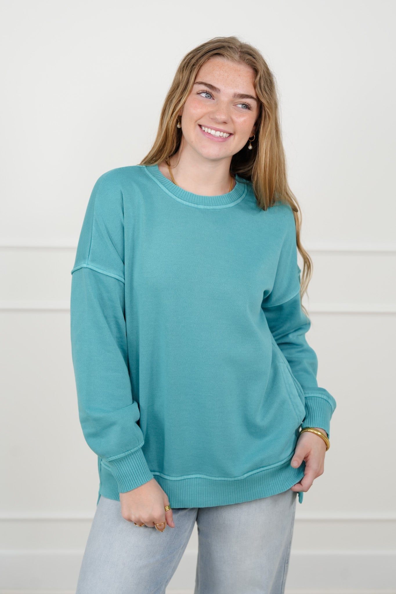 Door Buster! Zenana Pigment Dye Fleece Hi Low Hem Pullover with Pocket
