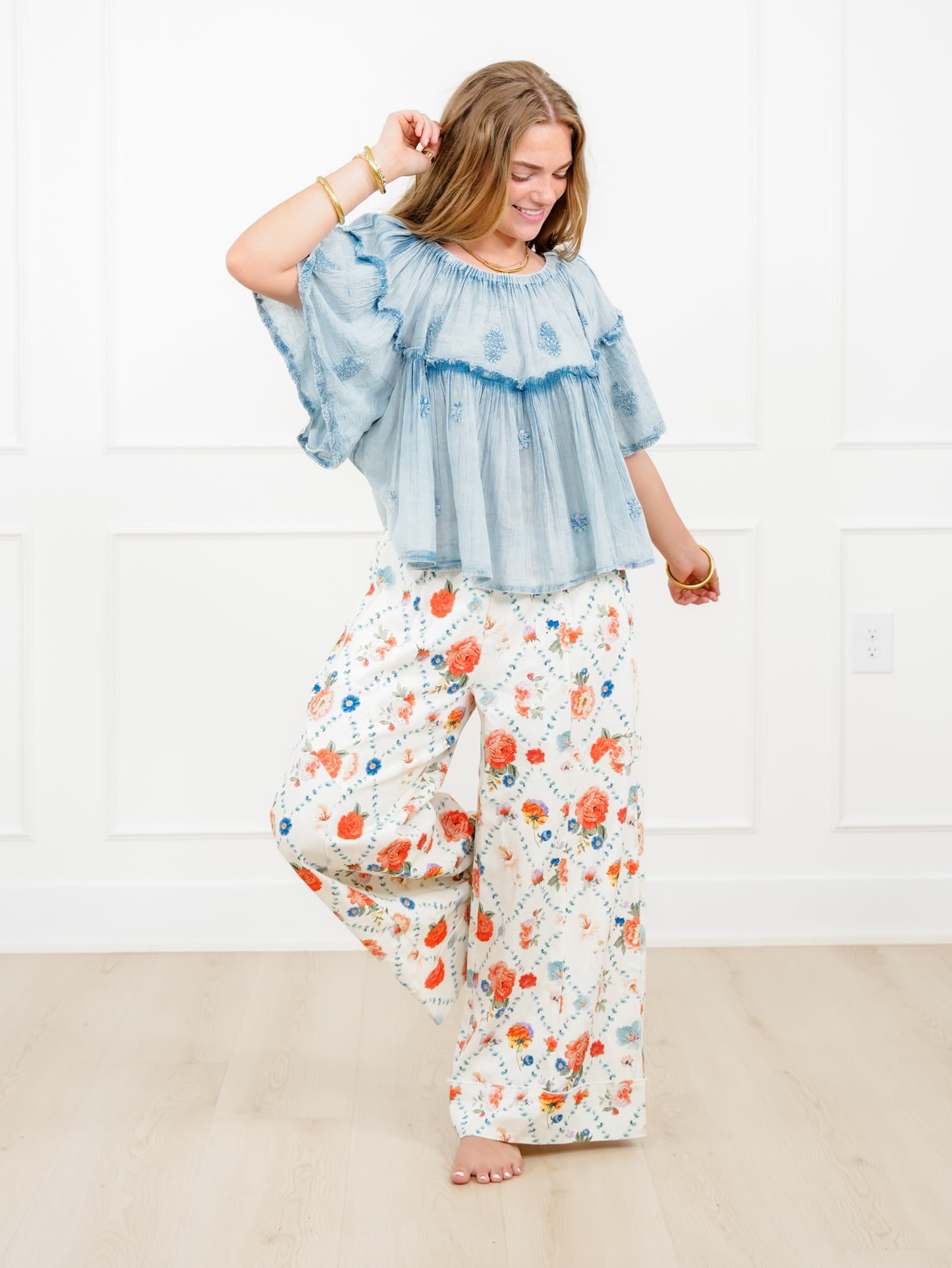 POL Short Sleeve Off Shoulder Top with Floral Embroidery