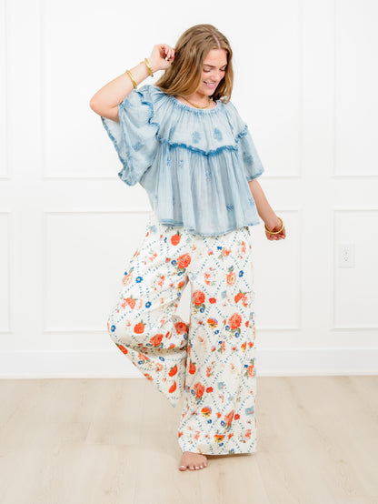 POL Short Sleeve Off Shoulder Top with Floral Embroidery
