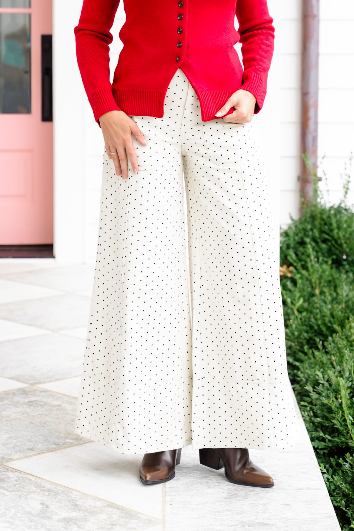 Plus/Reg Washed Polka Dot Wide Leg Pants