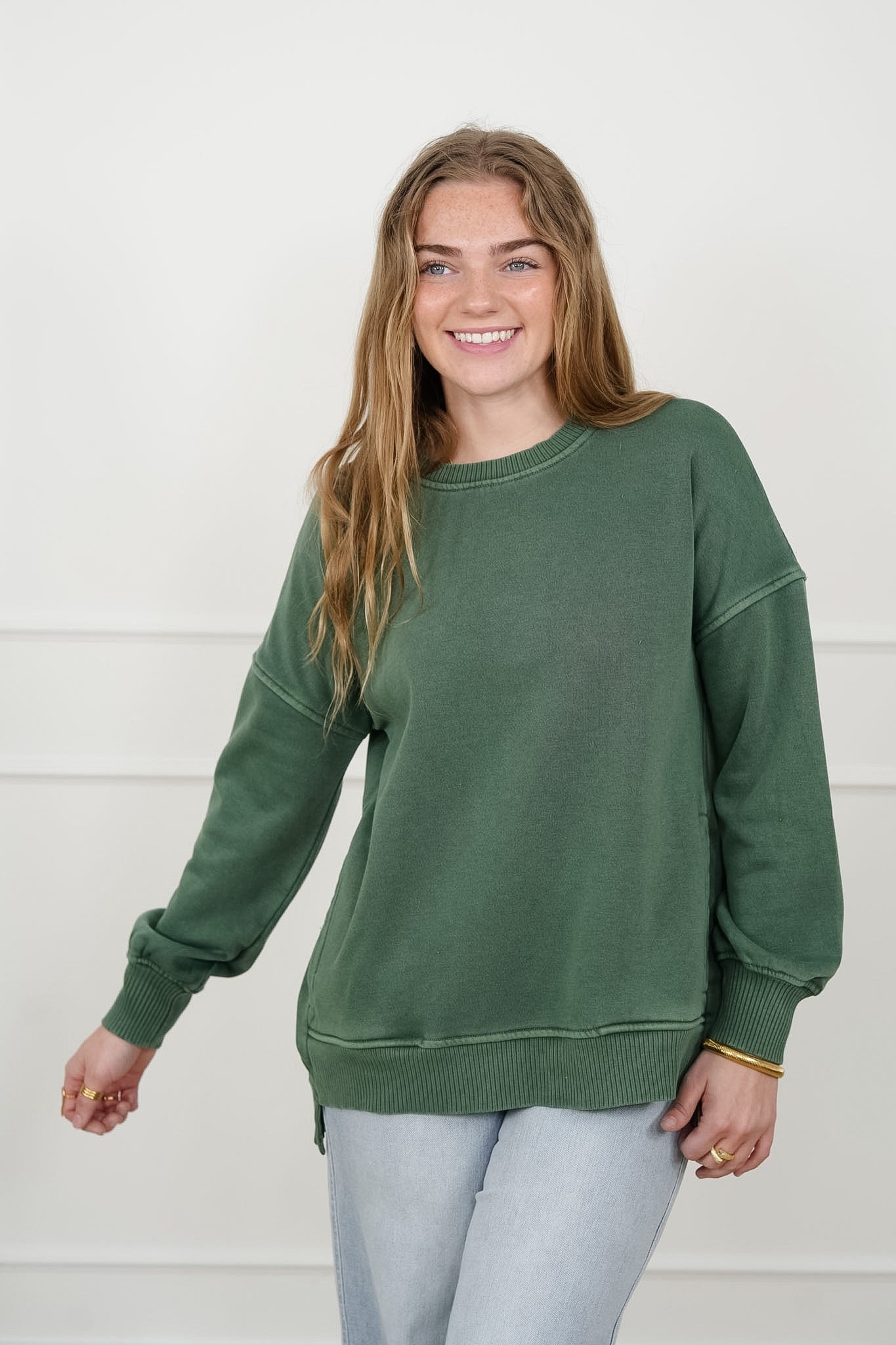 Door Buster! Zenana Pigment Dye Fleece Hi Low Hem Pullover with Pocket