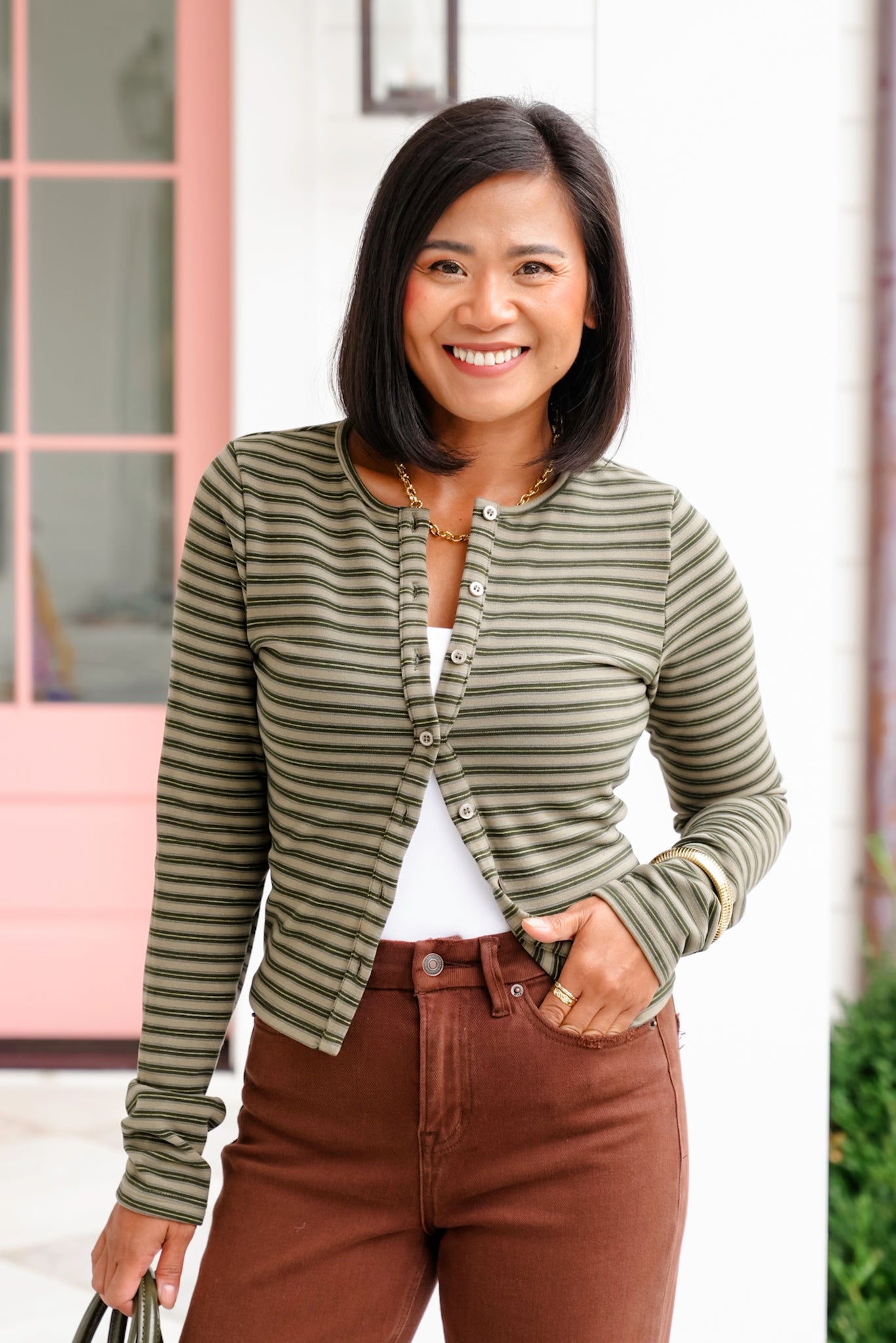 Olive Stripe Long sleeve Button Down Cardigan