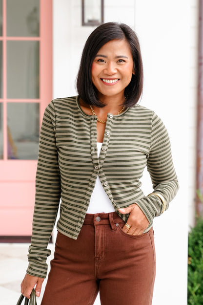 Olive Stripe Long sleeve Button Down Cardigan