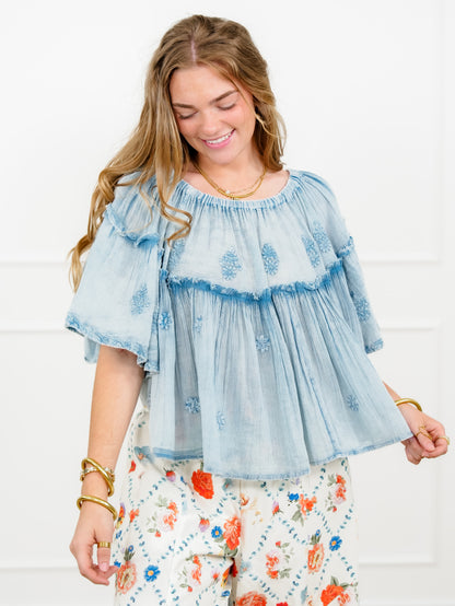 POL Short Sleeve Off Shoulder Top with Floral Embroidery