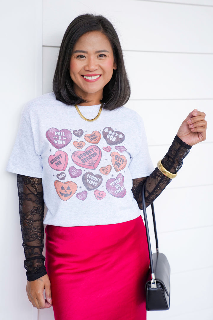 Plus/Reg Short Sleeve Halloween Candy Hearts Graphic Tee