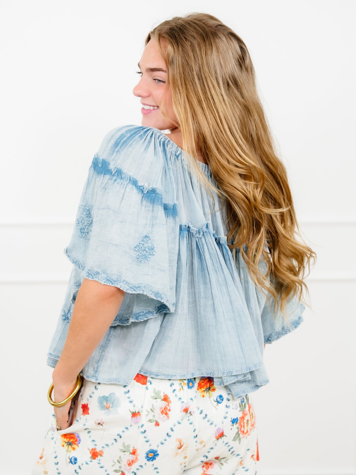 POL Short Sleeve Off Shoulder Top with Floral Embroidery