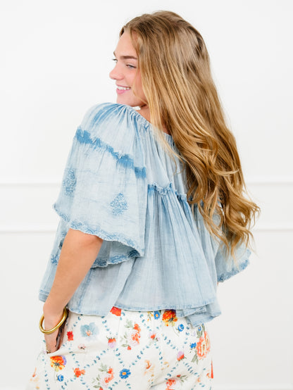 POL Short Sleeve Off Shoulder Top with Floral Embroidery