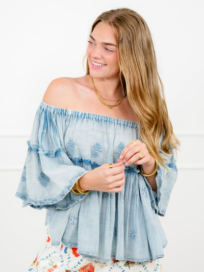 POL Short Sleeve Off Shoulder Top with Floral Embroidery