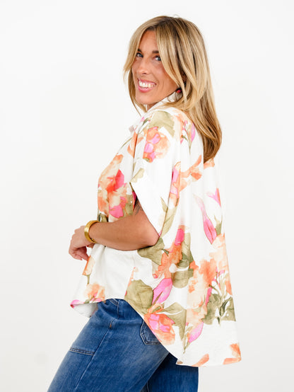 Floral Print Short Sleeve Button Down Top