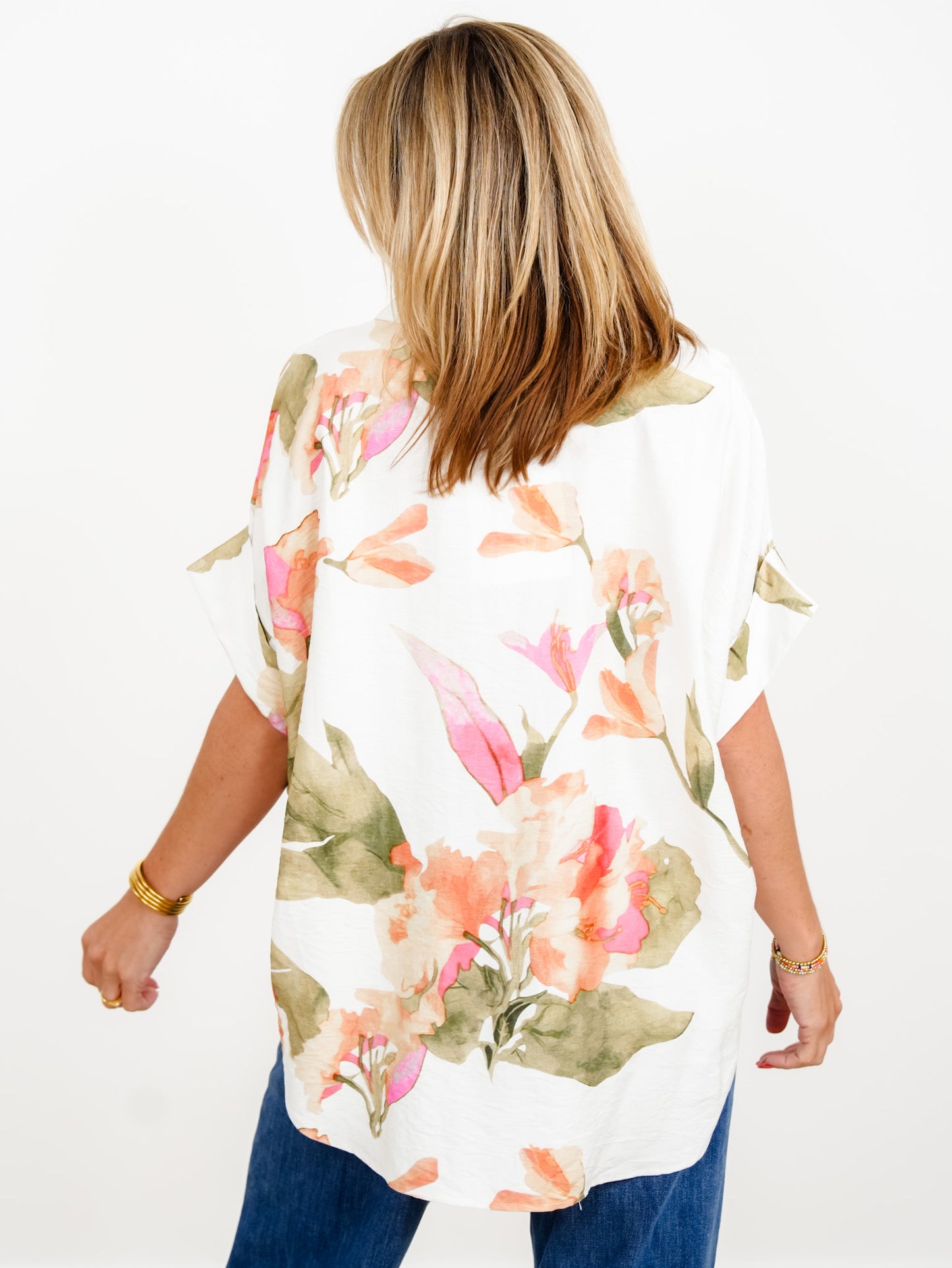 Floral Print Short Sleeve Button Down Top
