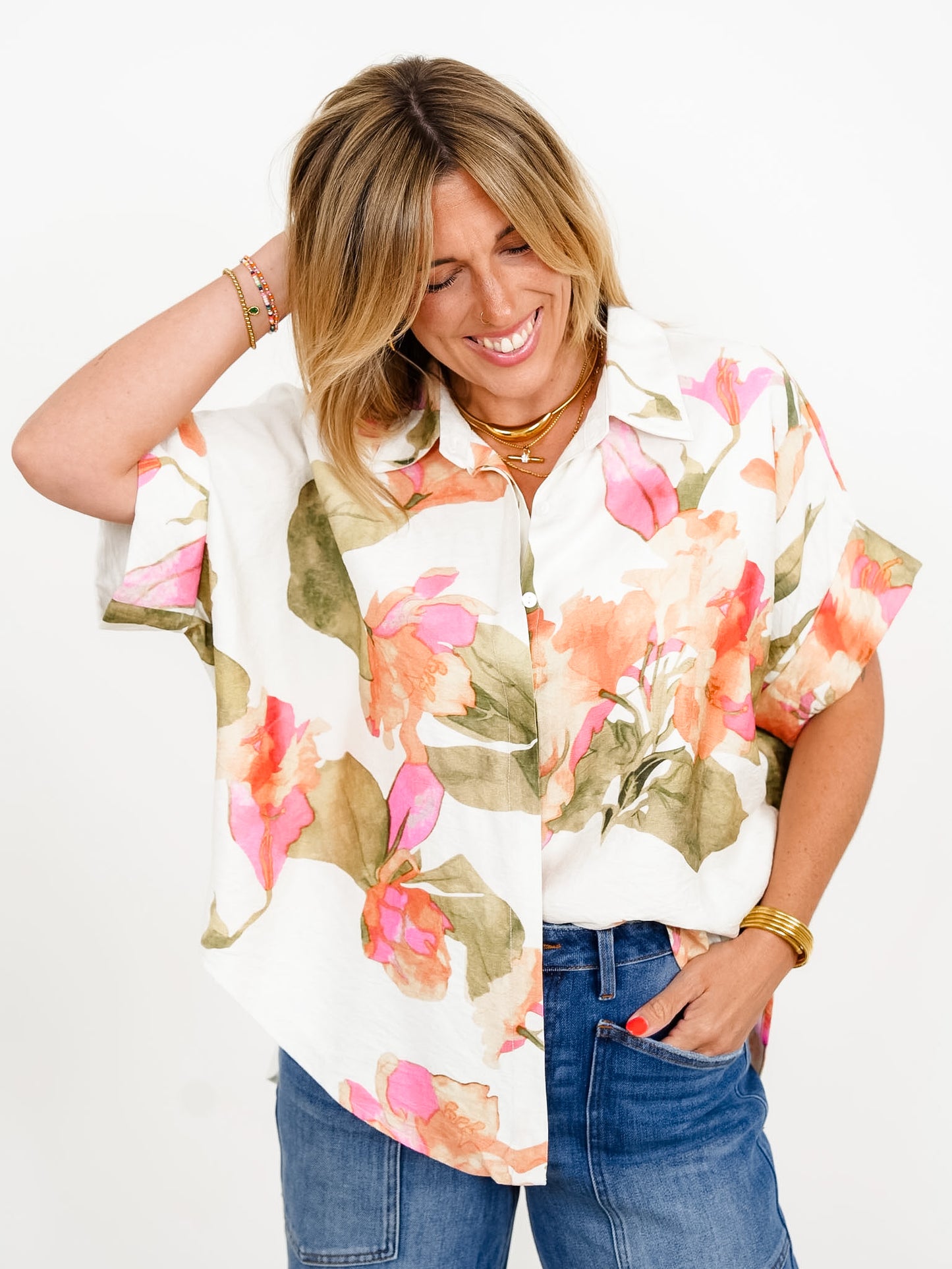 Floral Print Short Sleeve Button Down Top