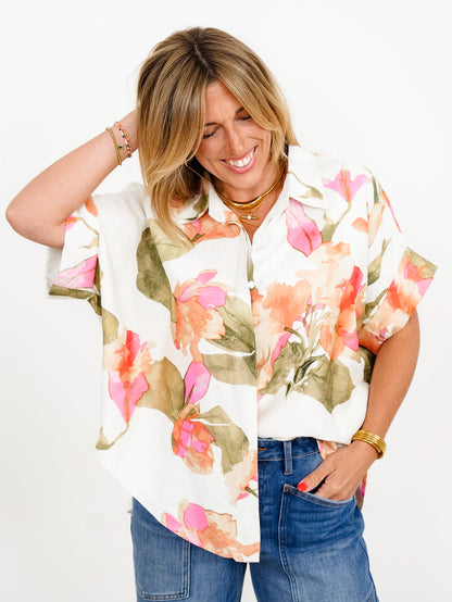 Floral Print Short Sleeve Button Down Top