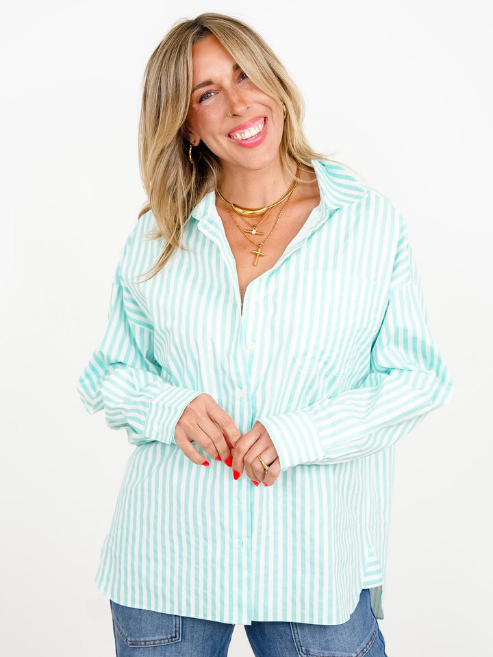 Stripe Long Sleeve Button Down Top with Chest Pocket