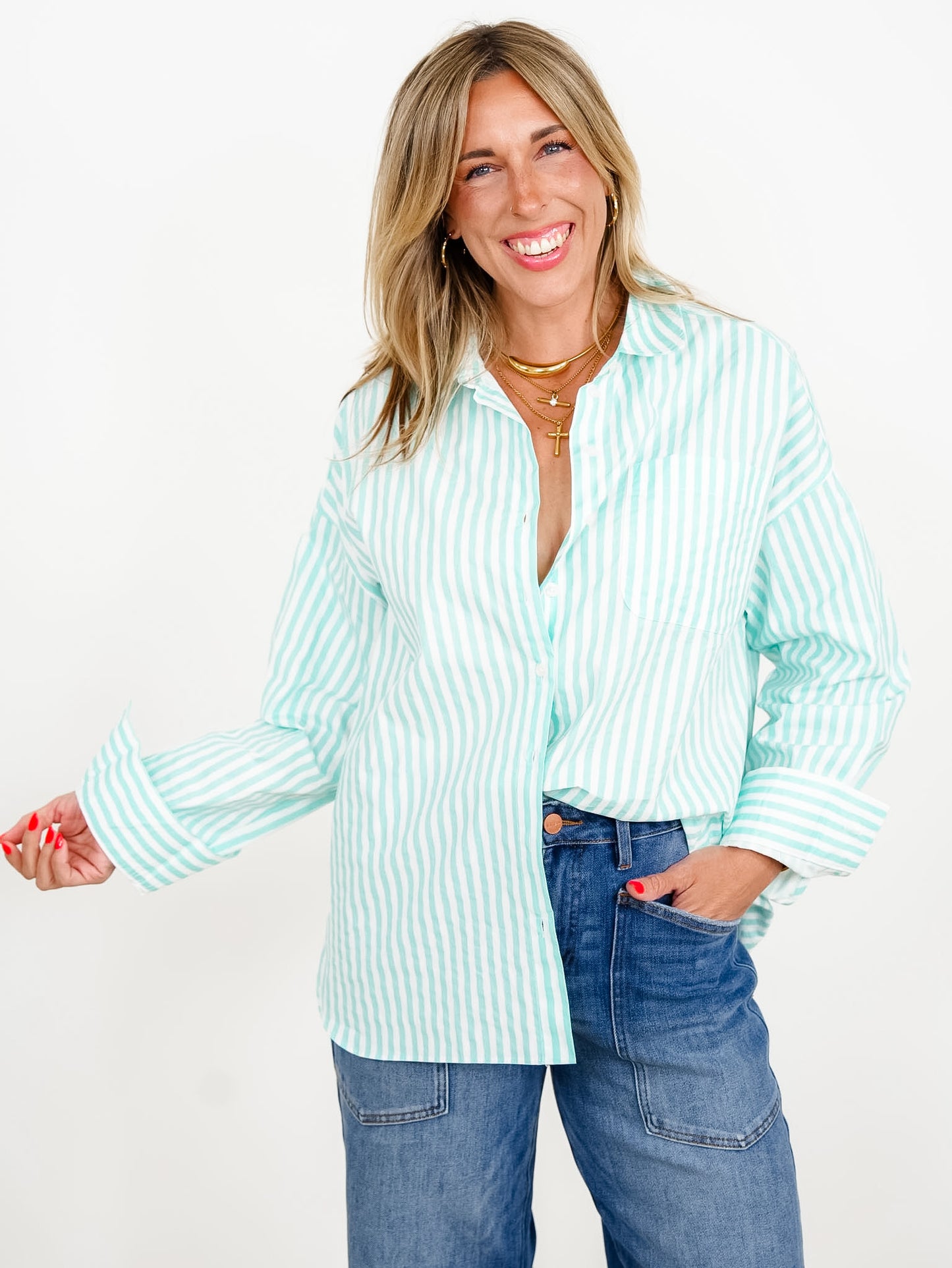 Stripe Long Sleeve Button Down Top with Chest Pocket