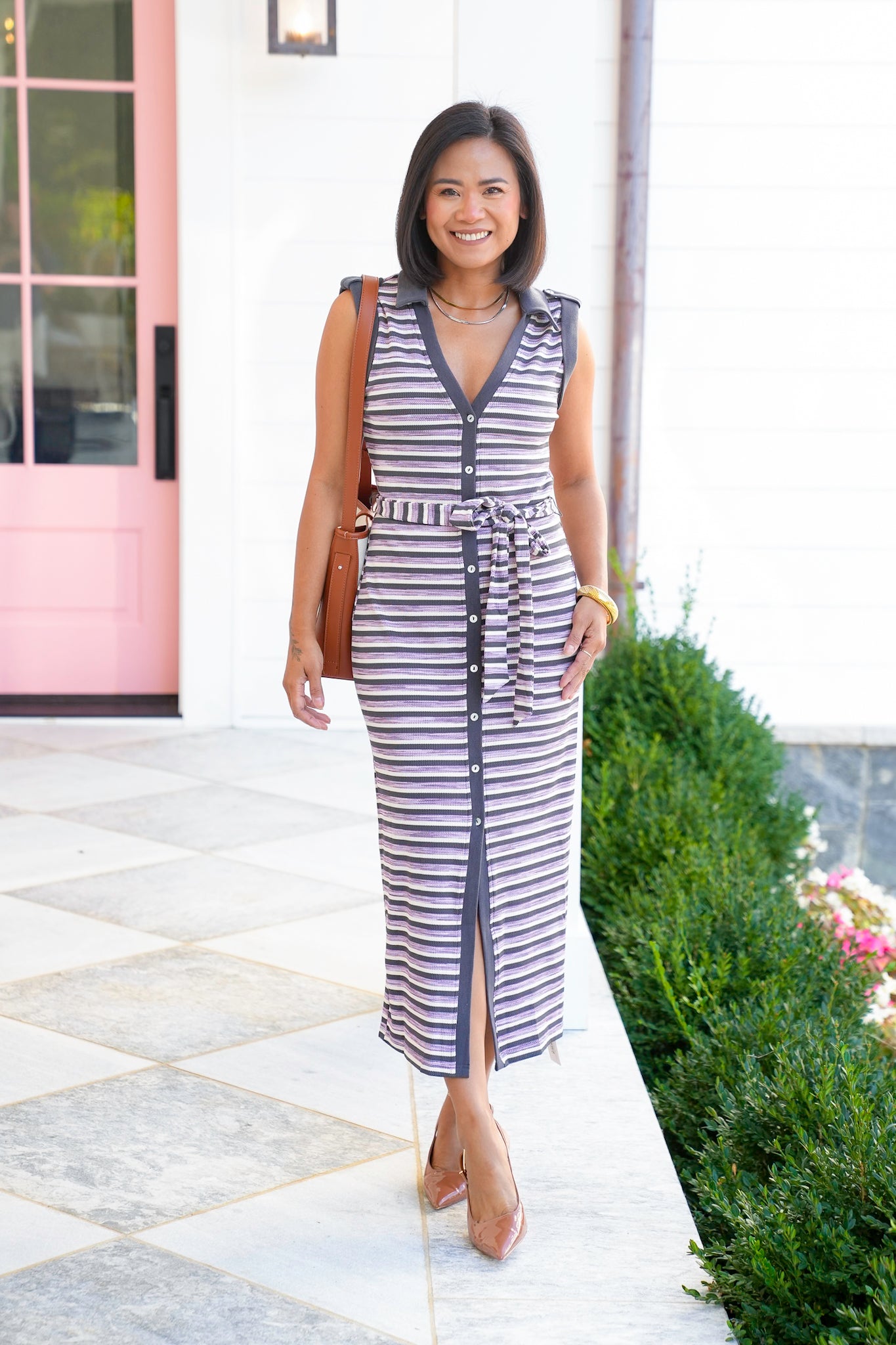 Stripe Sleeveless Button Down Midi Dress