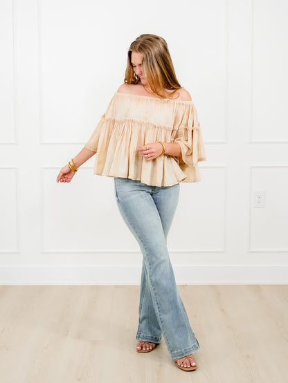 POL Short Sleeve Off Shoulder Top with Floral Embroidery