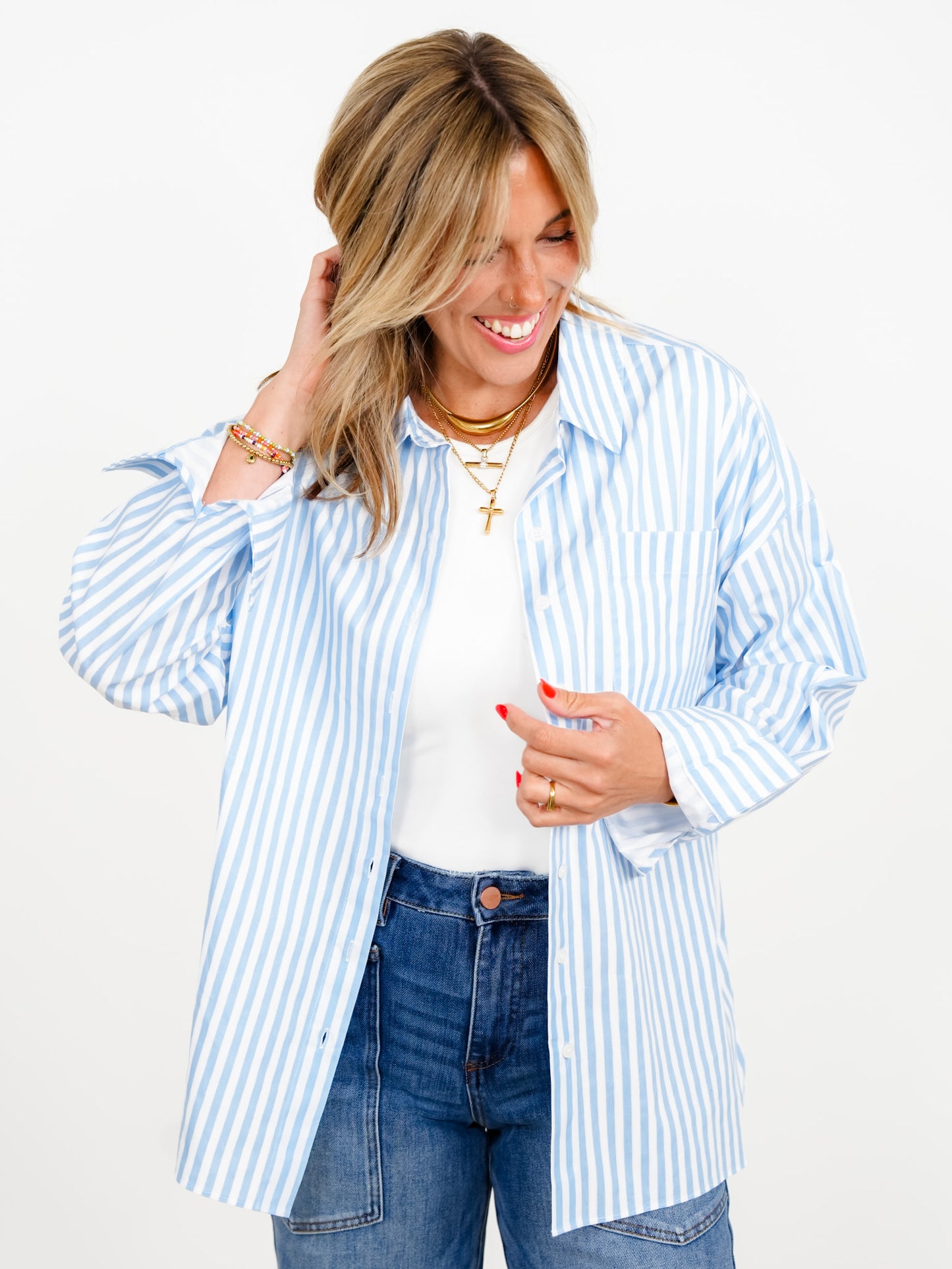 Stripe Long Sleeve Button Down Top with Chest Pocket