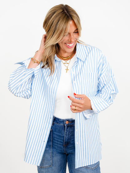 Stripe Long Sleeve Button Down Top with Chest Pocket