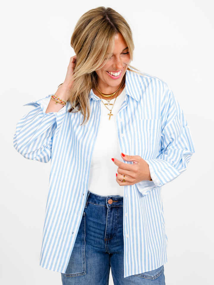 Stripe Long Sleeve Button Down Top with Chest Pocket - Freckled Poppy