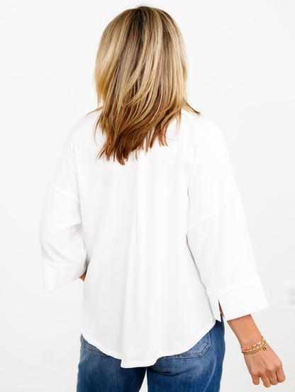 White Short Sleeve Ruffle Neck Button Down Top