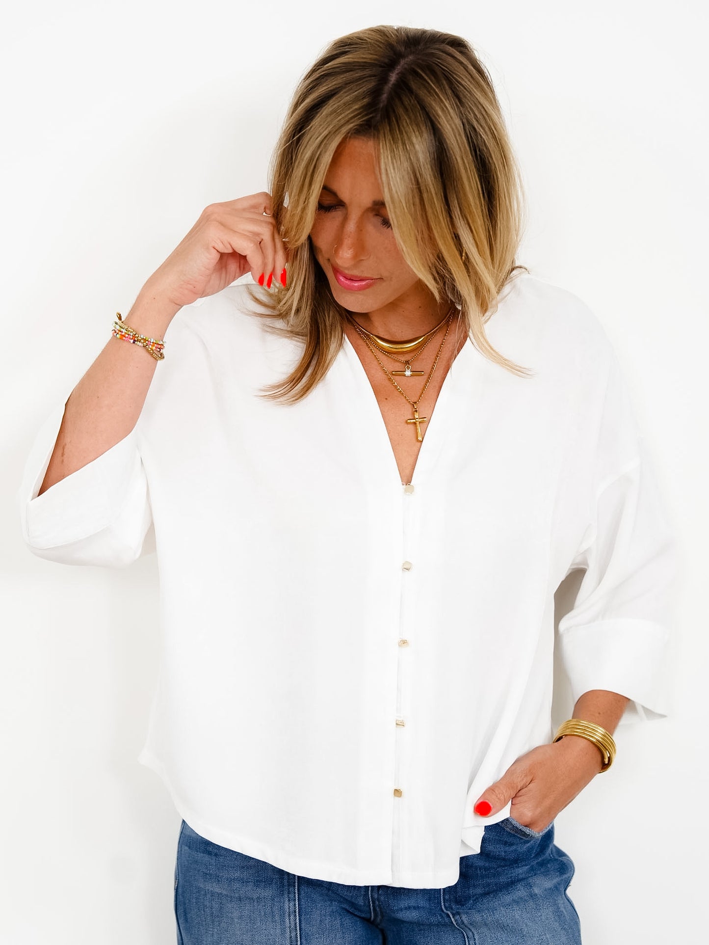 White Short Sleeve Ruffle Neck Button Down Top