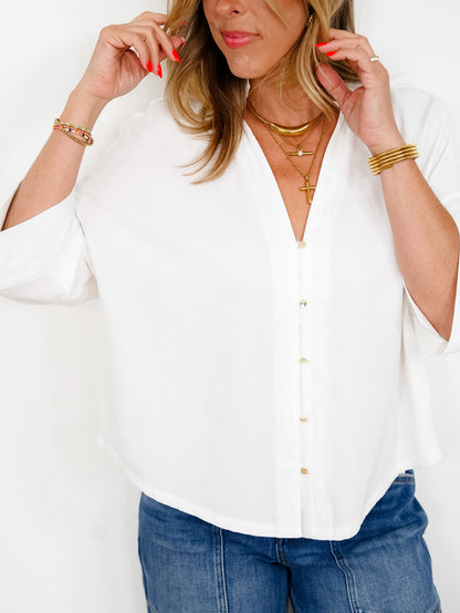White Short Sleeve Ruffle Neck Button Down Top