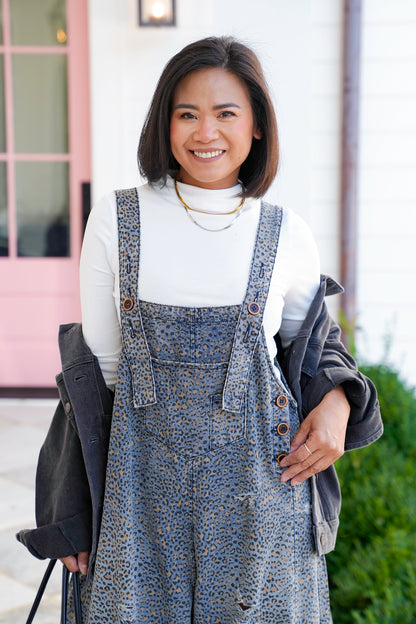Animal Print Wide Leg Denim Overalls