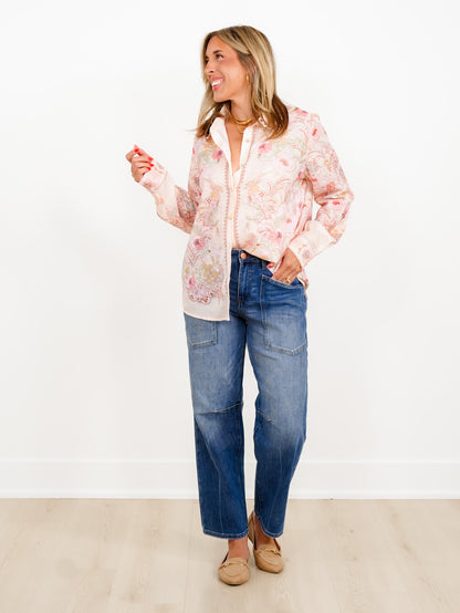 Floral Print Long Sleeve Button Up Blouse