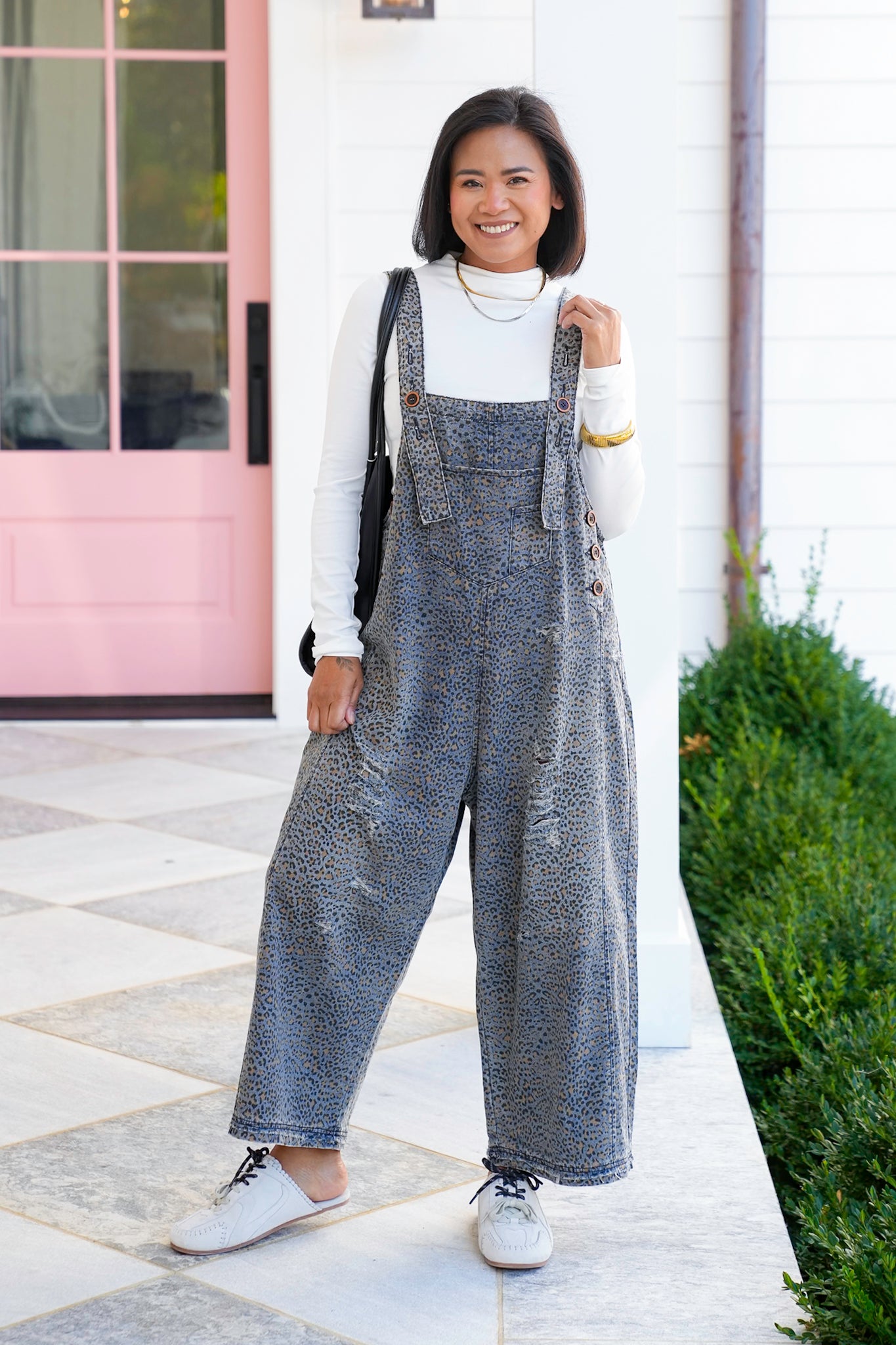 Animal Print Wide Leg Denim Overalls