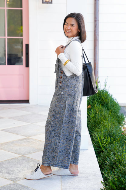 Animal Print Wide Leg Denim Overalls